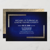 クラッシーエレガントブルー/金ゴールド誕生日パーティー 招待状 (正面/裏面)