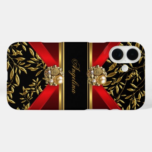 クラッシーエレガントレッドブラック金ゴールドダマスクジュエル Case-Mate iPhoneケース (裏面 (横))