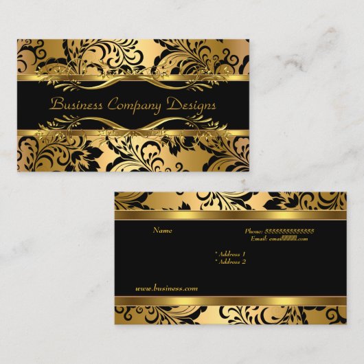 クラッシーエレガント金ゴールドブラックダマスクエンボスルック 名刺 (正面/裏面)