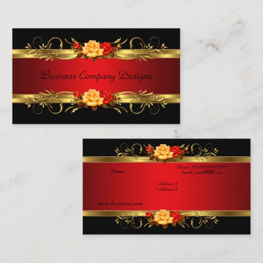 クラッシーエレガント金ゴールドブラックレッドローゼス 名刺 (正面/裏面)