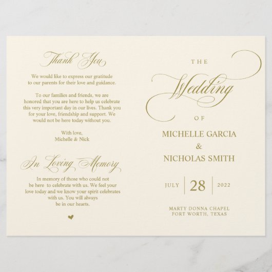 クラッシーエレガント金ゴールド、折り畳み可能結婚式 プログラム (正面)