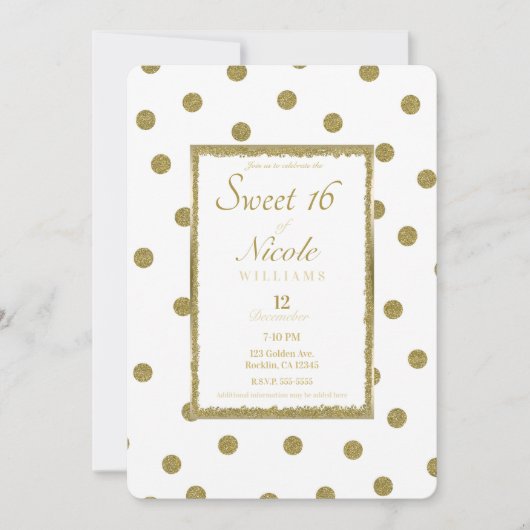 クラッシーエレガント&シックホワイト金ゴールドスウィート16パーティー 招待状 (正面)