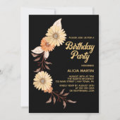 クラッシーオレンジフラワーボタニカル金ゴールドブラック誕生日 招待状 (正面)