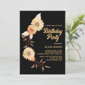 クラッシーオレンジフラワーボタニカル金ゴールドブラック誕生日 招待状 (スタンド正面)