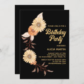 クラッシーオレンジフラワーボタニカル金ゴールドブラック誕生日 招待状 (正面/裏面)