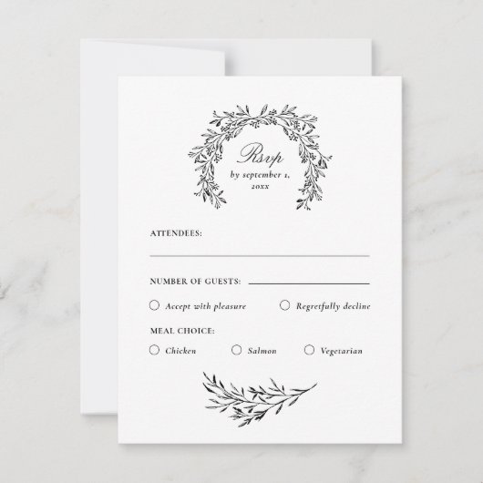 クラッシースタイリッシュブラック&ホワイトミール選択RSVPカード 出欠カード (正面)