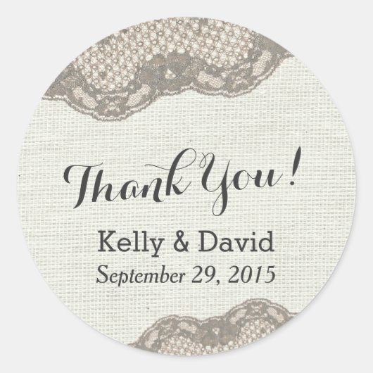 クラッシーダークタンレースバーラップ結婚式の引き出物ステッカー ラウンドシール (正面)