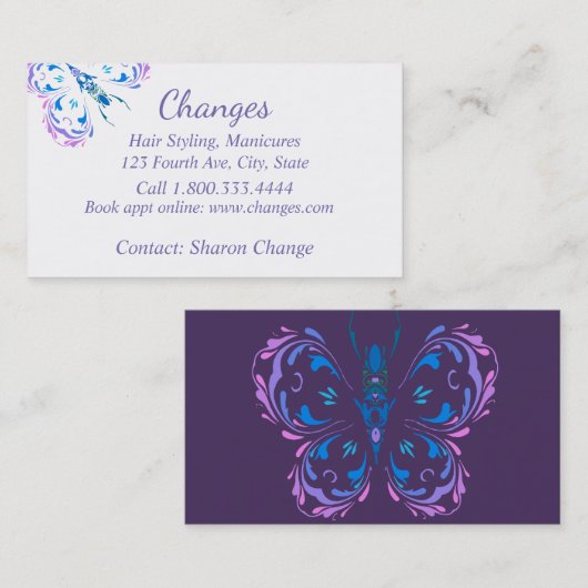 クラッシーパープルバタフライヘア&爪、 ネイルカスタム 名刺 (正面/裏面)