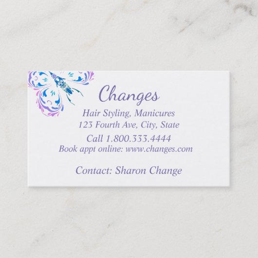 クラッシーパープルバタフライヘア&爪、 ネイルカスタム 名刺 (正面)