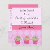 クラッシーピンクカップケーキ誕生日招待状 招待状 (正面/裏面)