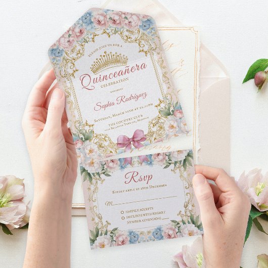 クラッシーピンクボー花柄のキンセアニエラ オールインワン招待状