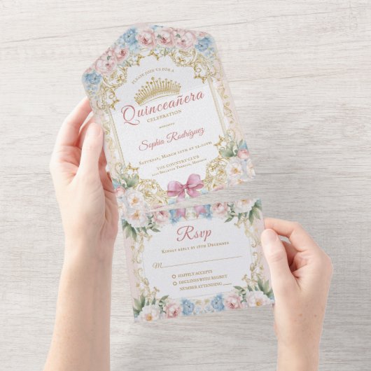 クラッシーピンクボー花柄のキンセアニエラ オールインワン招待状 (貼ってはがせる)