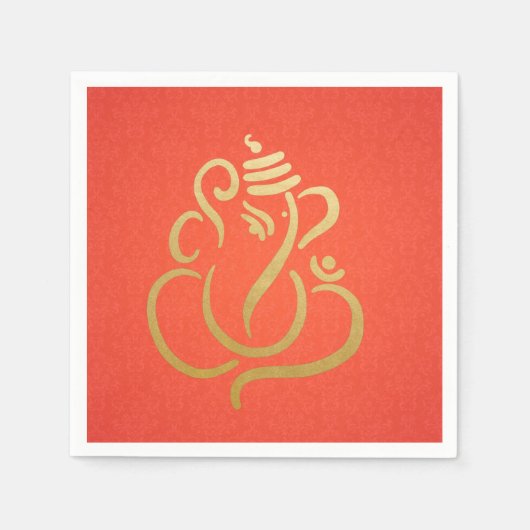 クラッシーフェイクゴールドフォイルガネーシャインディアンオレンジダマスク スタンダードカクテルナプキン (正面)