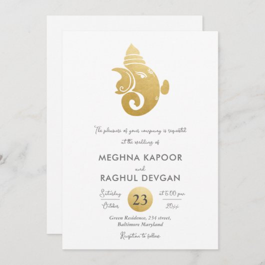 クラッシーフェイクゴールドフォイルガネーシャインディアンゴッド結婚ズ 招待状 (正面/裏面)