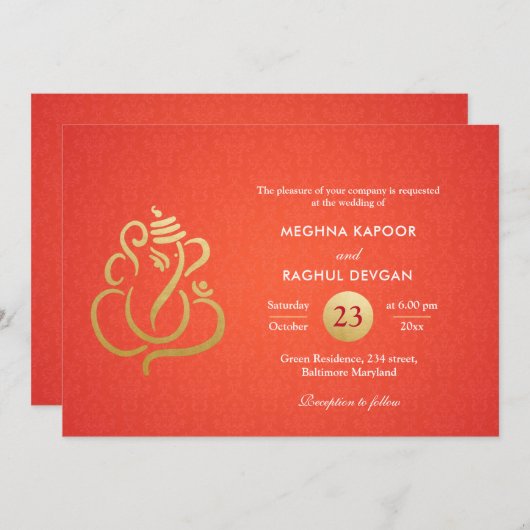 クラッシーフェイクゴールドフォイルガネーシャインディアンレッドダマスク 招待状 (正面/裏面)