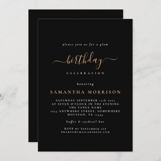 クラッシーブラック金ゴールド任意の年齢誕生日 招待状 (正面/裏面)