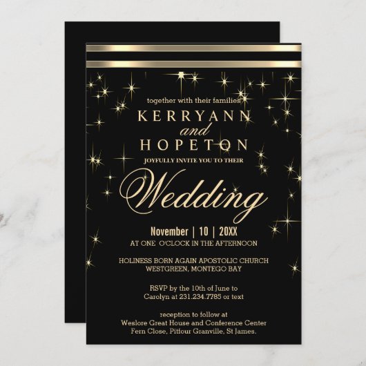 クラッシーブラック&金ゴールドスターライトとバー招待 招待状 (正面/裏面)