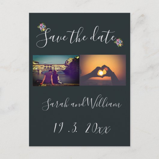 クラッシーボホチック フラワーネイビー テーマのウェディング 案内ポストカード (正面)