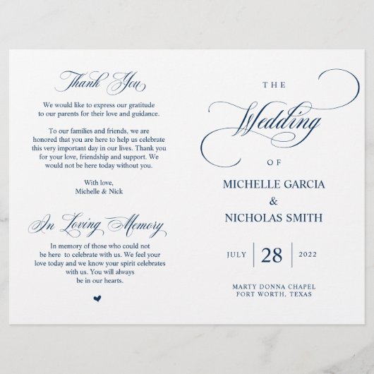 クラッシーモダンネイビーブルー、折り畳み可能結婚式 プログラム (正面)