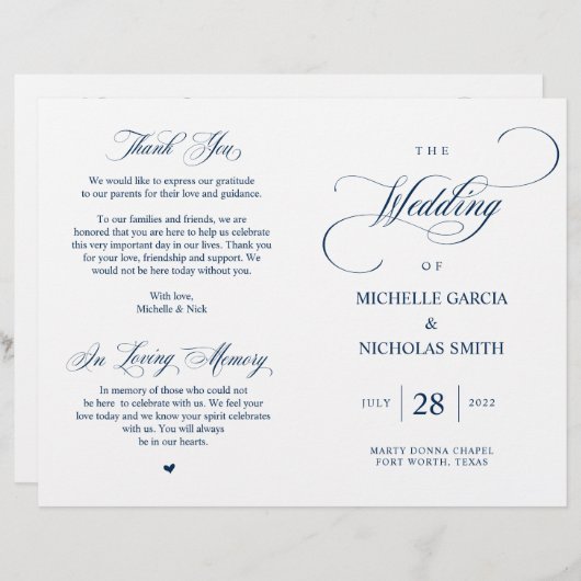 クラッシーモダンネイビーブルー、折り畳み可能結婚式 プログラム (正面/裏面)