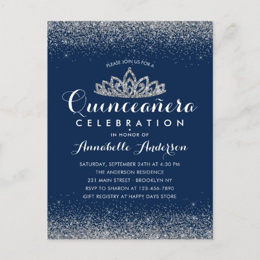 クラッシーロイヤルブルーのキンセアニエラ シルバーティアラ グリッター ポストカード (正面)