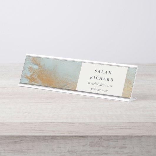 クラッシー芸術的アクアブルー金ゴールド油絵を描ビジネス デスクネームプレート (正面)