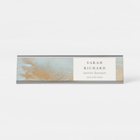 クラッシー芸術的アクアブルー金ゴールド油絵を描ビジネス デスクネームプレート (正面)