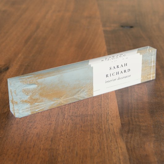 クラッシー芸術的アクアブルー金ゴールド油絵を描ビジネス デスクネームプレート (側面)