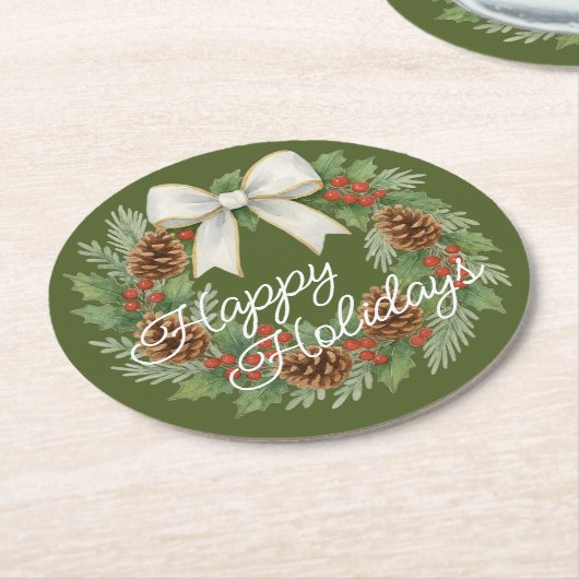 クラッシー12月リースとホワイトボウホリデイ ラウンドペーパーコースター (アングル)