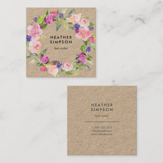 クラフトがピンク赤面によっておよび紫色は開花します スクエア名刺 (正面/裏面)