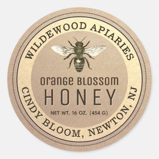 クラフトとセピア蜂蜜の瓶ビーラベル ラウンドシール (正面)