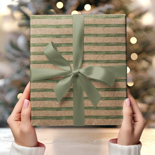 クラフトと緑ストライプ色の水彩 ラッピングペーパー