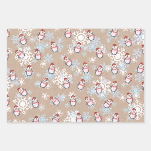 クラフトのクリスマスにかわいいスノーペンギン ラッピングペーパーシート (正面2)