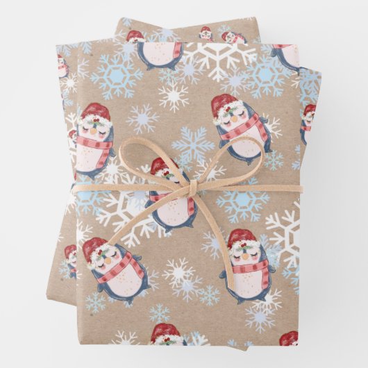 クラフトのクリスマスにかわいいスノーペンギン ラッピングペーパーシート (インサイチュ)