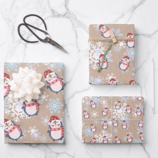 クラフトのクリスマスにかわいいスノーペンギン ラッピングペーパーシート (正面)