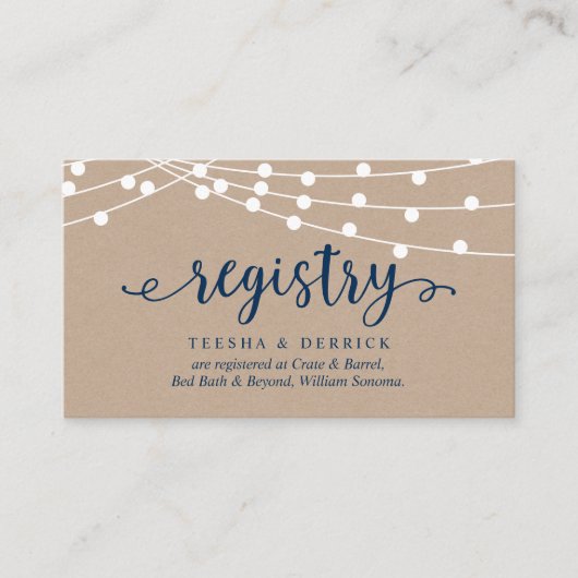 クラフトのストリングライト、ネイビー結婚ブルー、のレジストリ エンクロージャーカード (正面)