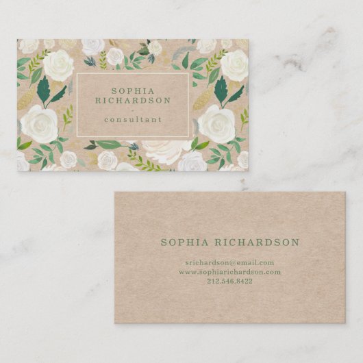 クラフトの一見の粋で、素朴で白い花柄 名刺 (正面/裏面)