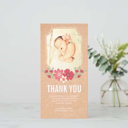 クラフトの女の赤ちゃんによっては開花します写真カードが感謝していしています サンキューカード (スタンド正面)