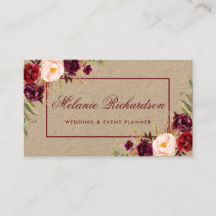 クラフトの水彩画のバーガンディMarsalaの花柄 名刺