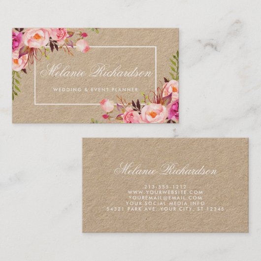 クラフトの水彩画のピンクの花柄 名刺 (正面/裏面)