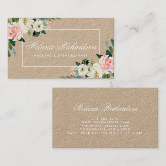 クラフトの水彩画のピンクの赤面の白の花柄 名刺 (正面/裏面)