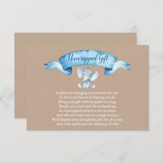 クラフトの男の子の素朴な象はギフトの挿入物を開けました エンクロージャーカード (正面/裏面)