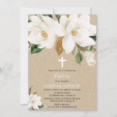クラフトの白い花のマグノリアの男女兼用な洗礼 招待状 (正面)