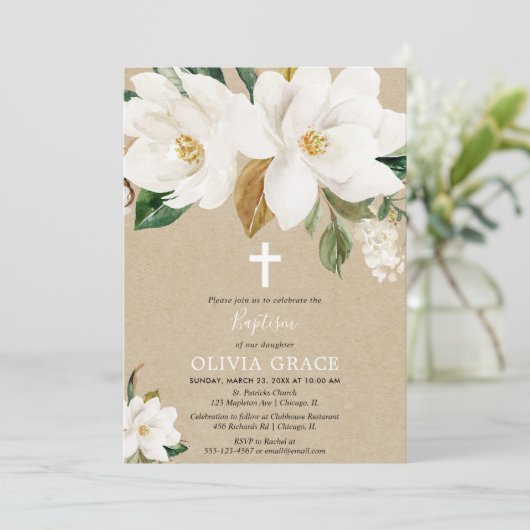 クラフトの白い花のマグノリアの男女兼用な洗礼 招待状 (スタンド正面)