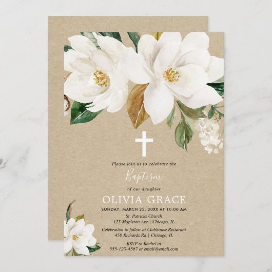 クラフトの白い花のマグノリアの男女兼用な洗礼 招待状 (正面/裏面)