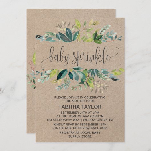 クラフトの葉のベイビーシャワー 招待状 (正面/裏面)