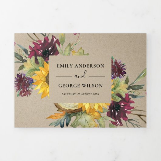 クラフトひまわりバーガンディーワイン結婚フローラ 三つ折り招待状 (カバー)