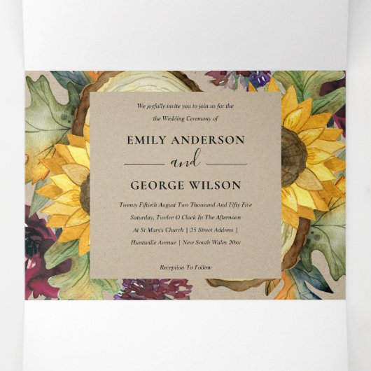 クラフトひまわりバーガンディーワイン結婚フローラ 三つ折り招待状 (内部中)