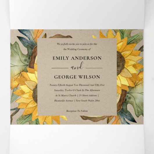 クラフトひまわり水カラーフローラ結婚式の招待 三つ折り招待状 (内部中)