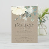 クラフトアイボリーホワイトアクアフローラファーストホーリーコミュニオン 招待状 (スタンド正面)